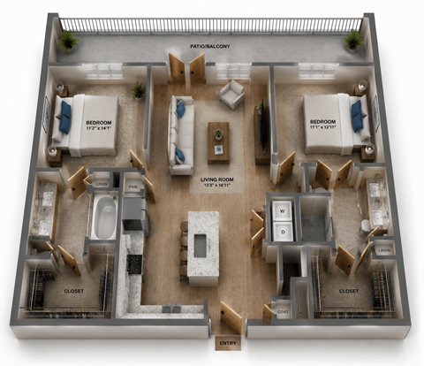 Floor plan for 2 beds, 2 baths, 1119 sqft